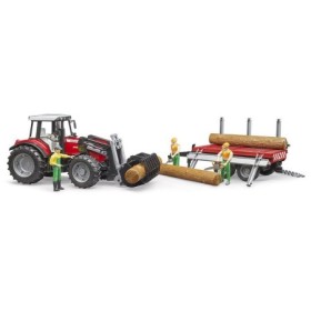 Bruder tractor Massey Ferguson 7480 cu incarcator frontal si remorca pentru lemne